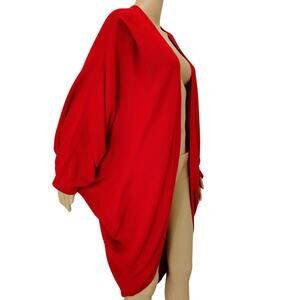 1980s Red Knit Cardigan Open Front Pleated Shoulder Round Hem Sweater One Size